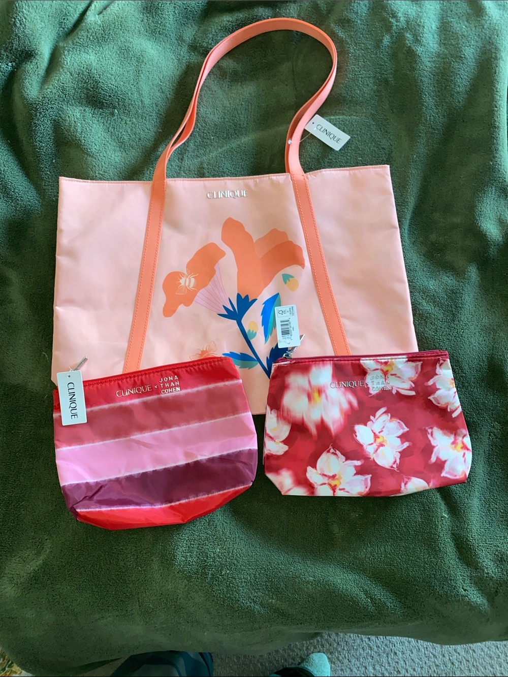 Clinique Pink Floral Tote Bag with two Jonathon Cohen Pouches